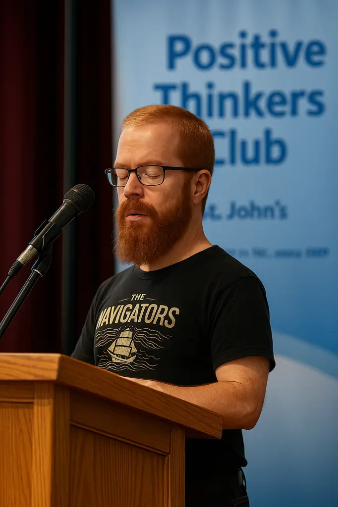 Sheldon S. Crocker speaking at Positive Thinkers Club, wearing a Navigators t-shirt while delivering a heartfelt talk on resilience.